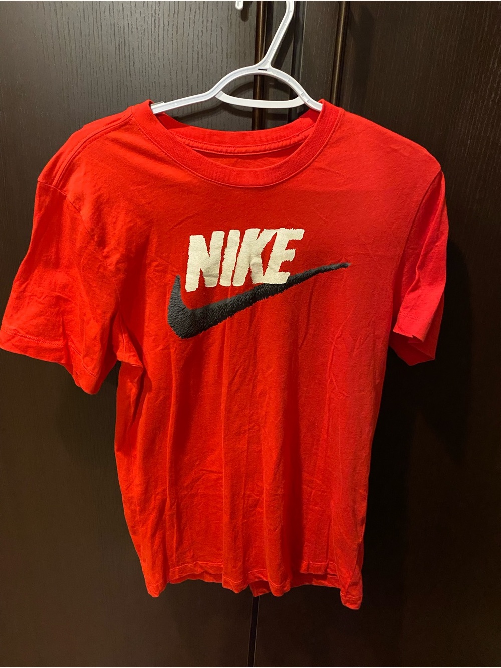 Nike Red Short Sleeve Tee with White Logo and Black Swoosh